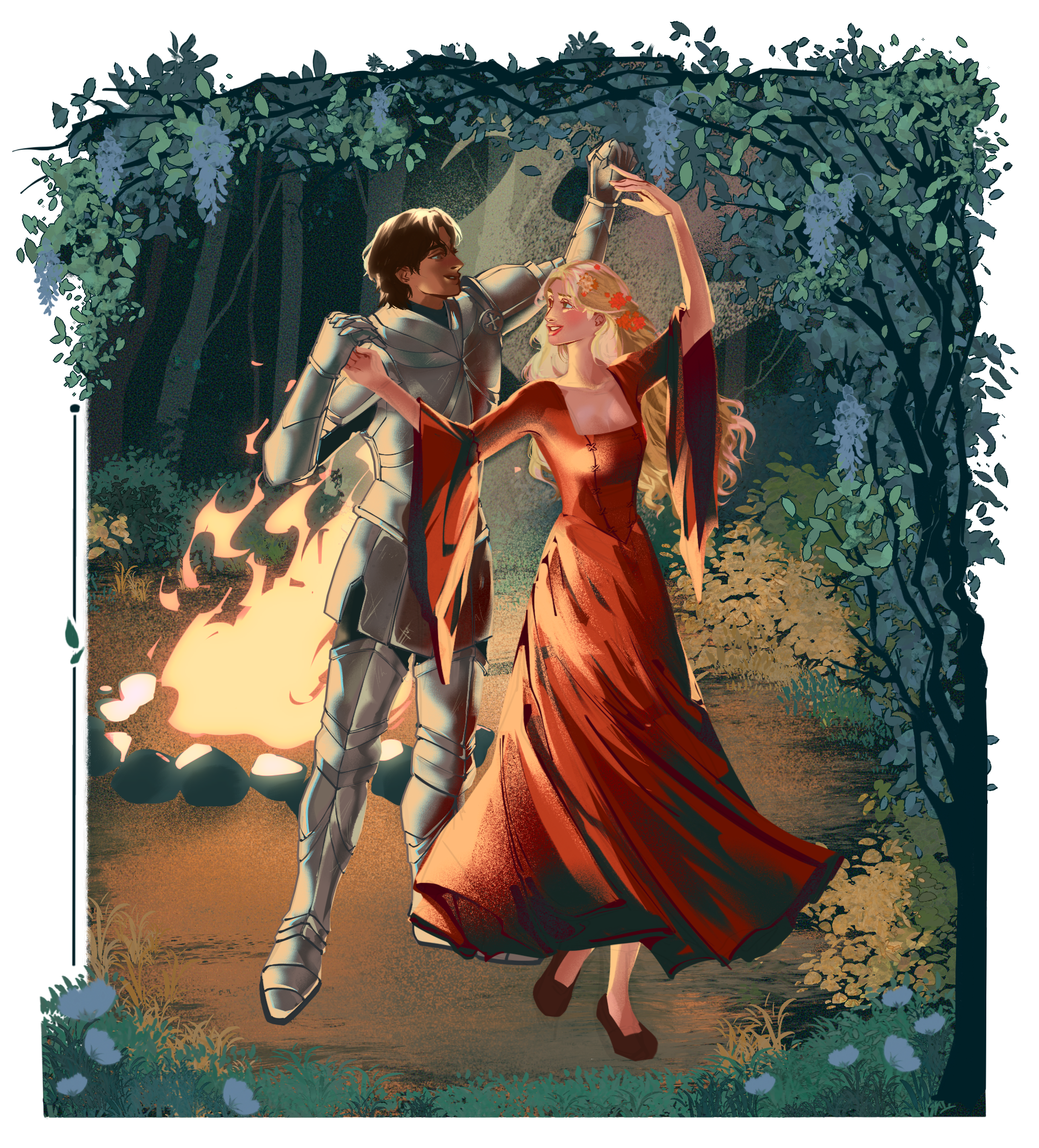 Illustration of the two main characters of Medievally Blonde. Ronan, a knight in armor, and Cliodhna, a medieval princess in a red dress, dance in the forest in front of a fire.